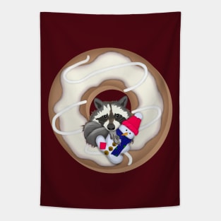 Raccoon with Snowman and Donut. Christmas design. Tapestry