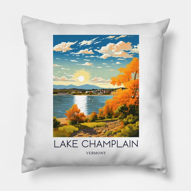 A Pop Art Travel Print of Lake Champlain - Vermont - US Pillow by Studio Red Koala