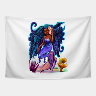 mermaid with flowing braids , sea shell, coral 2 , brown eyes curly Afro hair and caramel brown skin Tapestry
