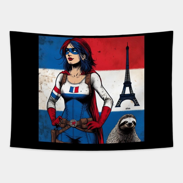 Francais: Female Gritty 80's Comic Book Hero with Sloth Tapestry by Woodpile