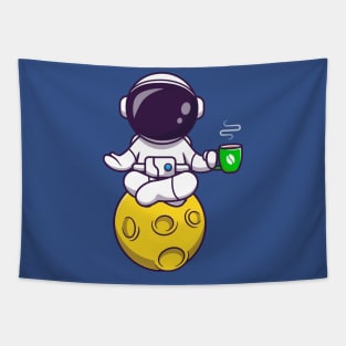 Astronaut Yoga On Moon With Coffee Cartoon Tapestry