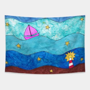 Fantasy sea art with waves, sailing boat and lighthouse Tapestry