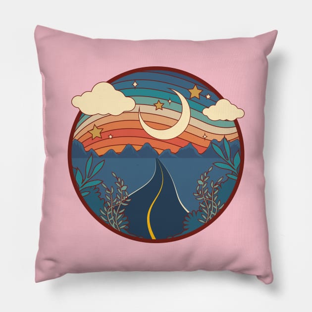 1970s Moon Stars and Road Pillow by InkyArt