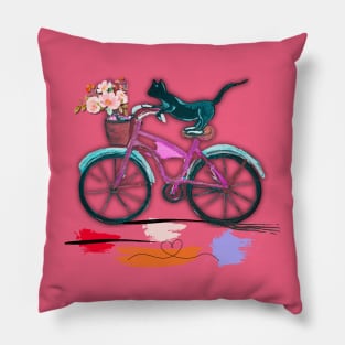 Tuxedo cat riding pink bike Pillow