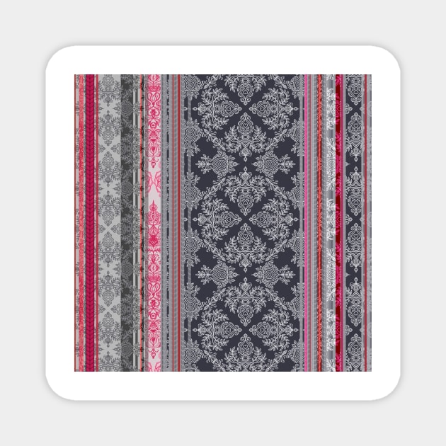 Burgundy, Pink, Navy & Grey Vintage Bohemian Wallpaper Magnet by micklyn