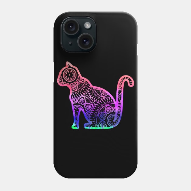 Colorful Mandala Tie-Dye Pattern In Cat Silhouette Phone Case by Nonconformist