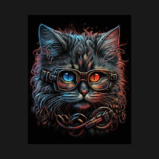 Retro Cat Art Wearing Glasses Splash Abstract Vibe Watercolor Vintage T-Shirt