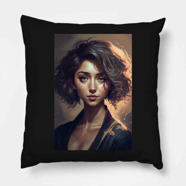 Golden Waves: A Portrait of a Beautiful Girl with Short Wavy Hair Pillow by styleandlife