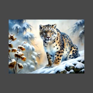 A Proud Snow Leopard Went Hunting, in the Snowy forest, Hight Mountains, Snow Falling, Winter Landscape, Wildlife White Pantera, Watercolor Realistic Illustration, Art, Portrait, Poster, Shirt, Christmas T-Shirt