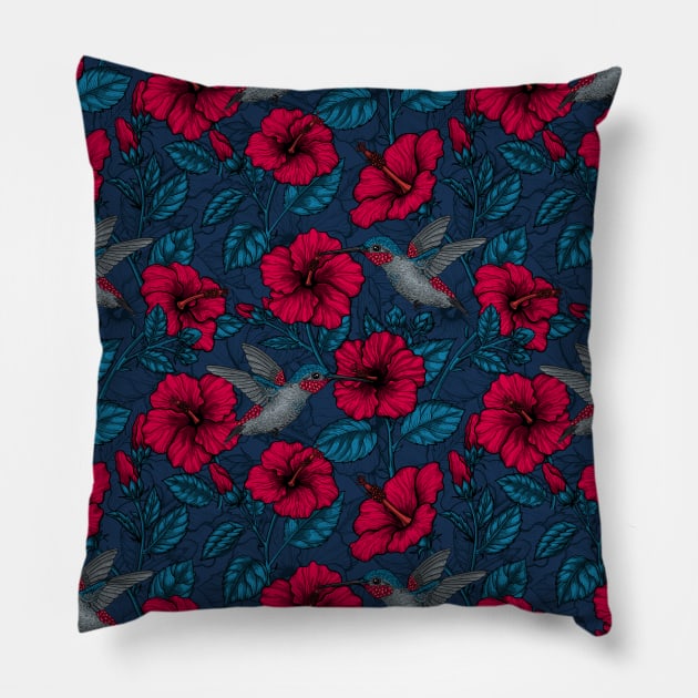 Night tropical garden in blue and red Pillow by katerinamk