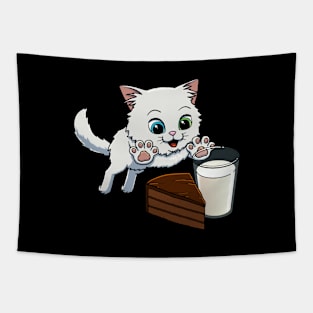 Turkish Angora Cat excited to have Chocolate Cake with Milk Tapestry