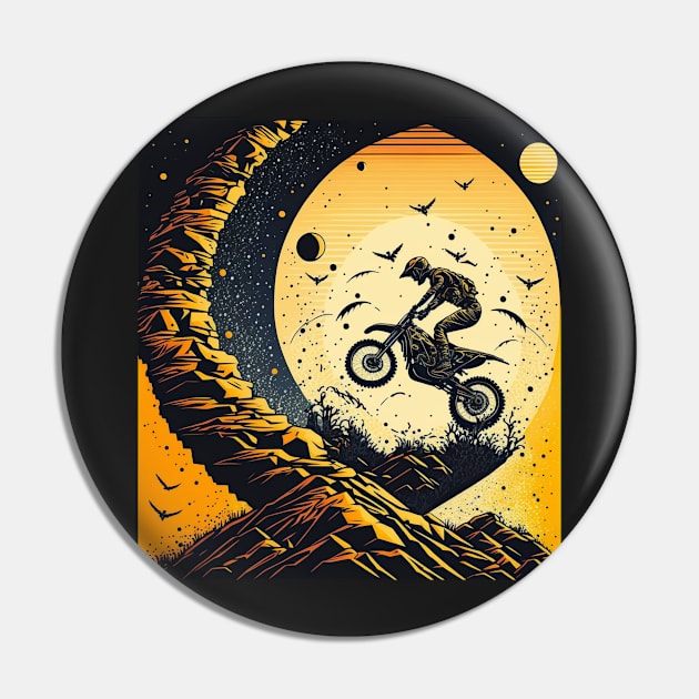 Dirt bike stunt w/moon orange and black Pin by KoolArtDistrict
