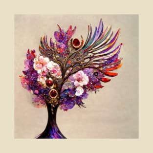 tree, flower, rose, gold, silver, red, purple, peacock T-Shirt