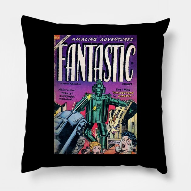 Giant Robot vs Retro Tank Comic Cover Pillow by Weirdette