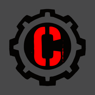 The Red Letter C in a Black Industrial Cog T-Shirt