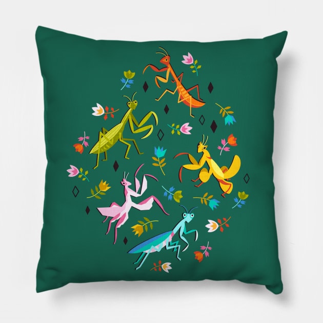 An Unordinary Array of Praying Mantises - Kelly Green Pillow by TigaTiga