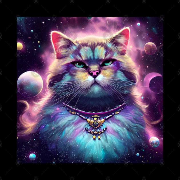 a majestic cat in outer space, surrounded by celestial bodies like stars, planets, and galaxies by maricetak