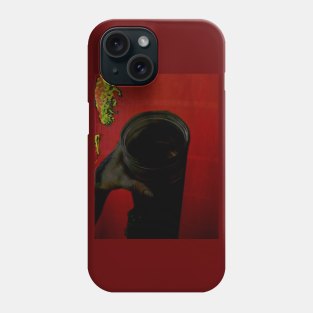 Digital collage, special processing. Person holding weird long glass tube with water. Drink water. Dark version. Phone Case