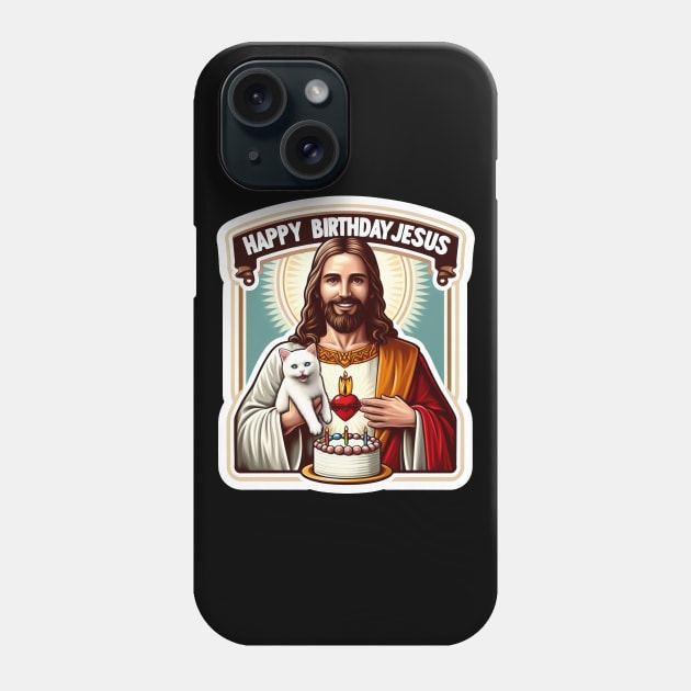 Happy Birthday Jesus with a White Cat and Birthday Cake Phone Case by Plushism