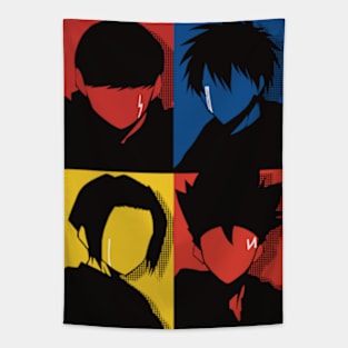 Mashle : Magic and Muscles All Anime MC : Mash Burnedead, Lance Crown, Dot Barrett, and Finn Ames in Awesome Vintage Pop Art Design Tapestry