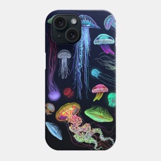 Glowing colorful variety jellyfish illustration Phone Case