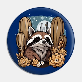 Cute Arizona Ring-tailed Cat Surrounded by White Cacti Blossom Pin