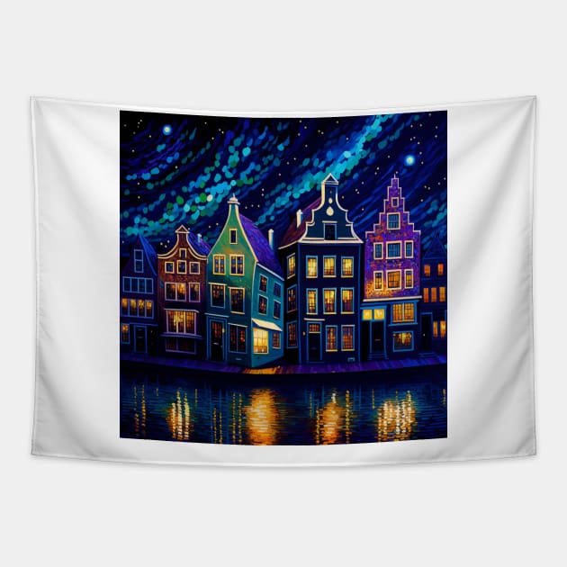 City blocks with lights on by the river side. Tapestry by Artisticwalls