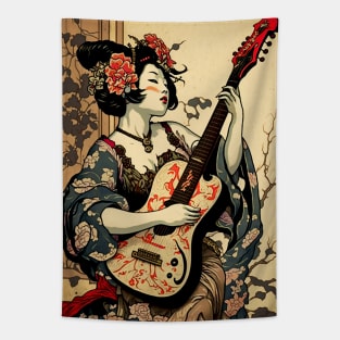 Traditional Japanese Geisha Playing Guitar Tapestry