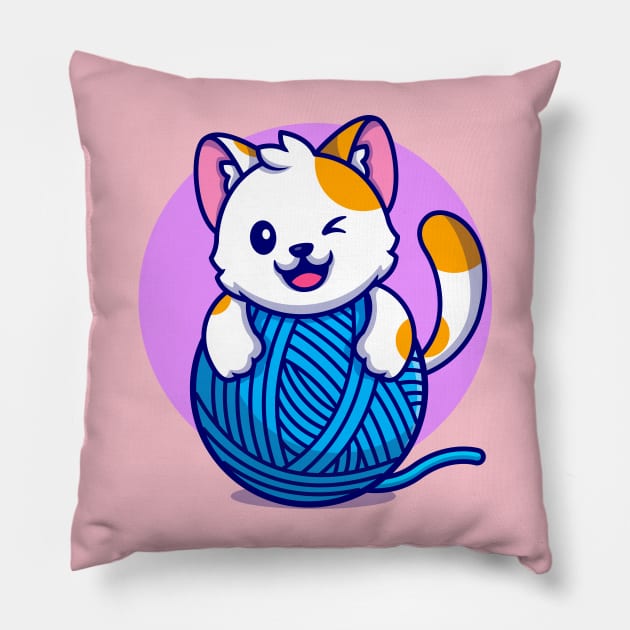 Cute Cat Playing Yarn Ball Cartoon Pillow by Catalyst Labs