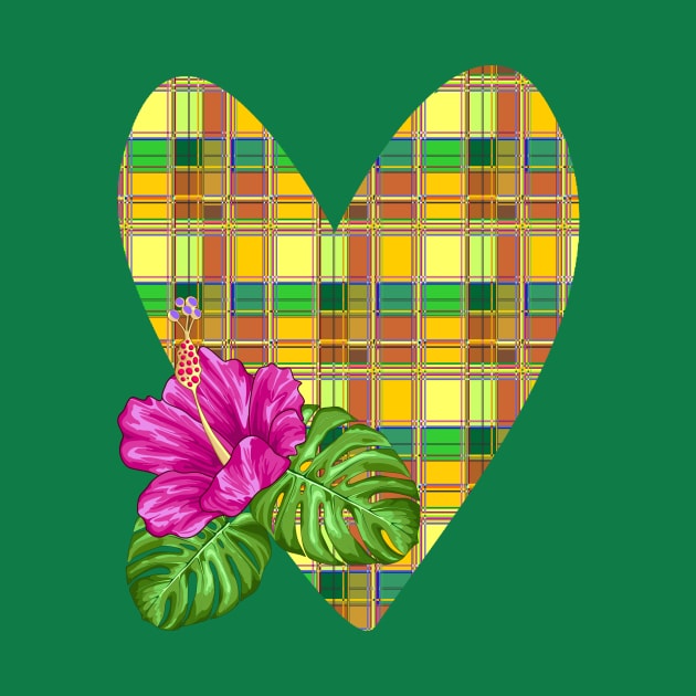 Caribbean Heart and Hibiscus Madras Tartan Fabric by BluedarkArt