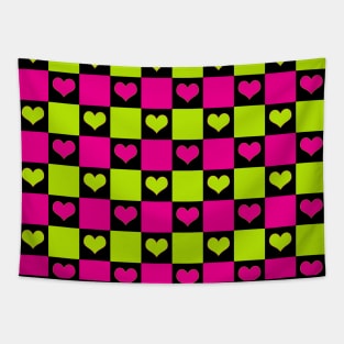 Checkerboard Hearts in Lime Green, Hot Pink and Black Tapestry