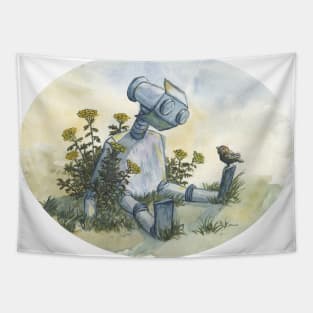 a little robot and bird - watercolor illustration Tapestry