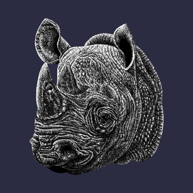 Black rhino animal ink illustration by lorendowding