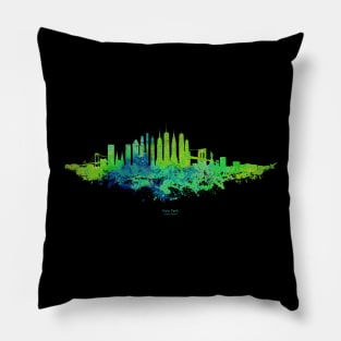 New York City Skyline Watercolor in blue and lime green Pillow