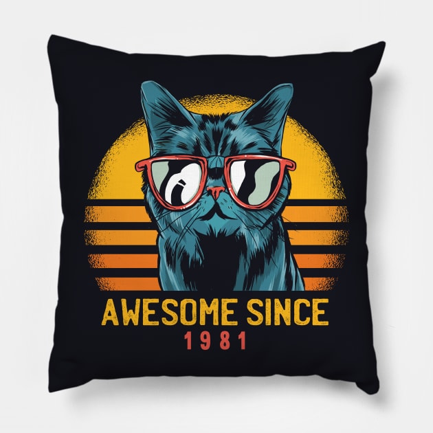 Retro Cool Cat Awesome Since 1981 // Awesome Cattitude Cat Lover Pillow by Now Boarding