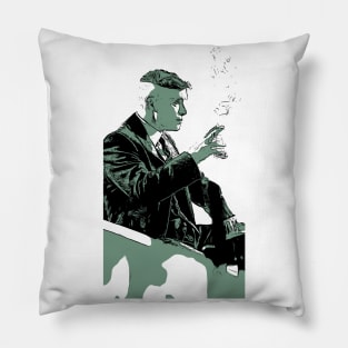 Thomas Shelby sits in the bar at the counter with a wisky glass and a cigarette in his hand as abstract comic art Pillow