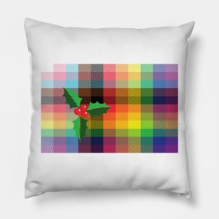 Christmas Mistletoe Rainbow Plaid Pillow