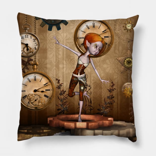 Cute little steampunk girl with clocks and gears Pillow by Nicky2342