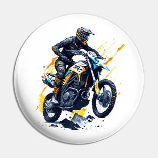 Enduro and motocross motorbike illustration. Adventure on paint splashes. Competition on mountain roads. Offroad Pin