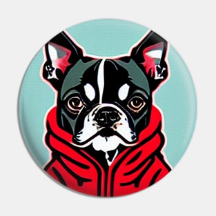 Boston Terrier in a Red Hoodie Pin