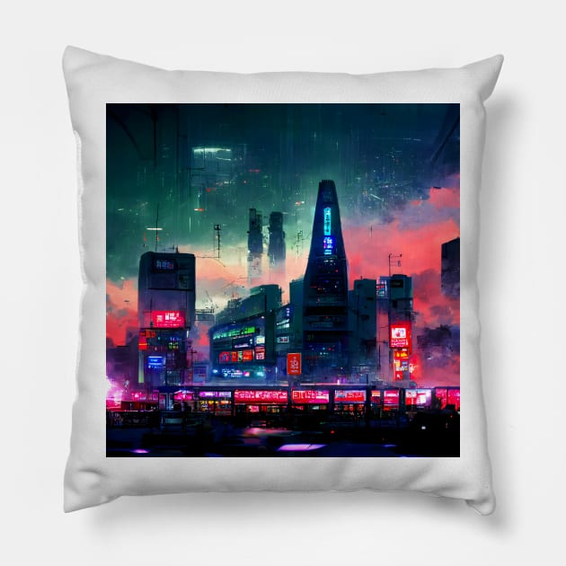 Cyberpunk City Night Pillow by Mihadom