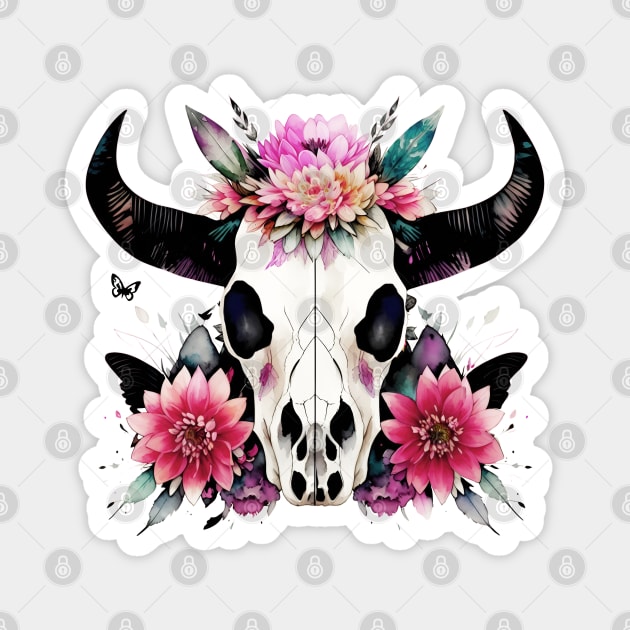 Cow Skull and floral crown, boho, bull skull, watercolor style Magnet by Collagedream