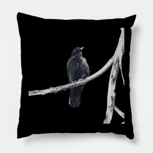 dark drawing of crow on a branch Pillow