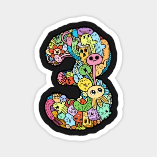 Number 3 three - Funny and Colorful Cute Monster Creatures Magnet