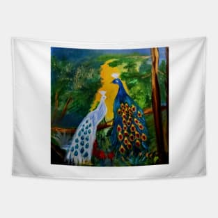 Two peacocks in the forest on a branch. Tapestry