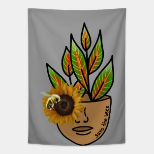 Save the Bees - Tropical House Plant with Sunflowers and Bees Tapestry