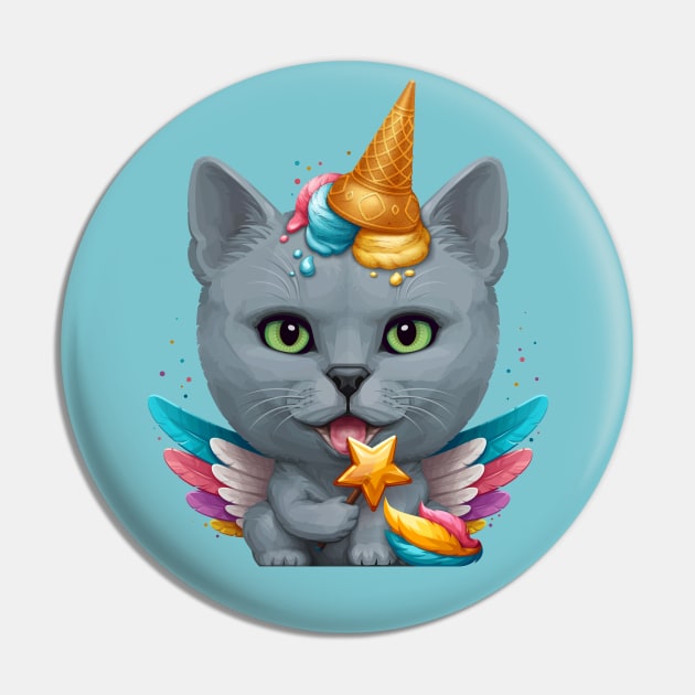 Russian Blue Cat Ice Cream Unicorn Pin by stonemask