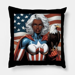 America Black Female Comic Book Superhero Bald Eagle Patriotic July 4 Pillow