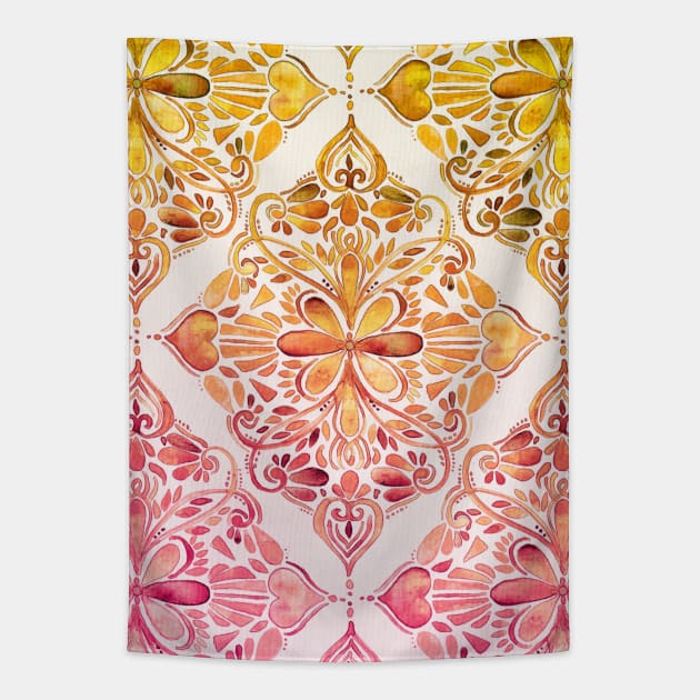 Sunset Art Nouveau Watercolor Doodle Tapestry by micklyn