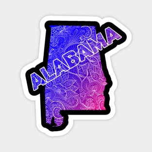 Colorful mandala art map of Alabama with text in blue and violet Magnet